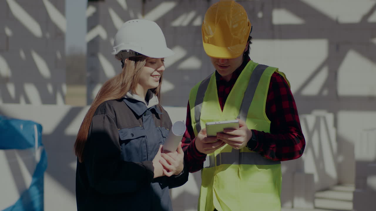 Young female architect holding blueprint standing by contractor using digital tablet while discussing at construction site