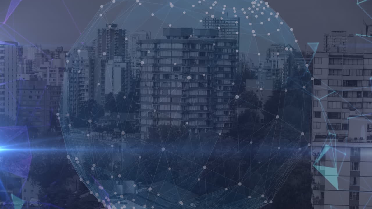 도시 풍경 위의 지구와 연결된 네트워크의 애니메이션