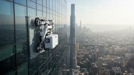 An Advanced Robotic Cleaner in Action on an Urban Skyscraper, Demonstrating Cutting-Edge Technology in High-Rise Building Maintenance and Safety