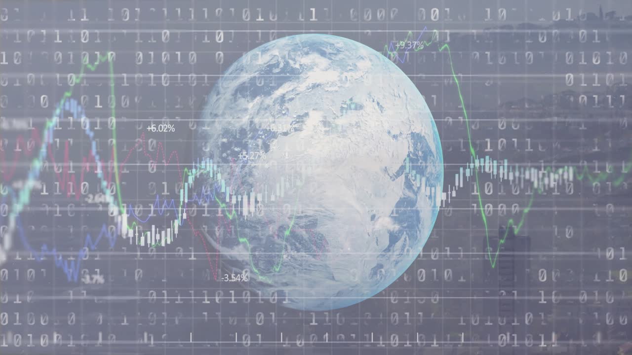 Earth globe centering, binary digits scrolling, starting charts drawing from left, showing markets