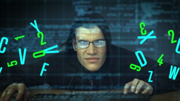 Animation of numbers and data processing over caucasian hacker using computer