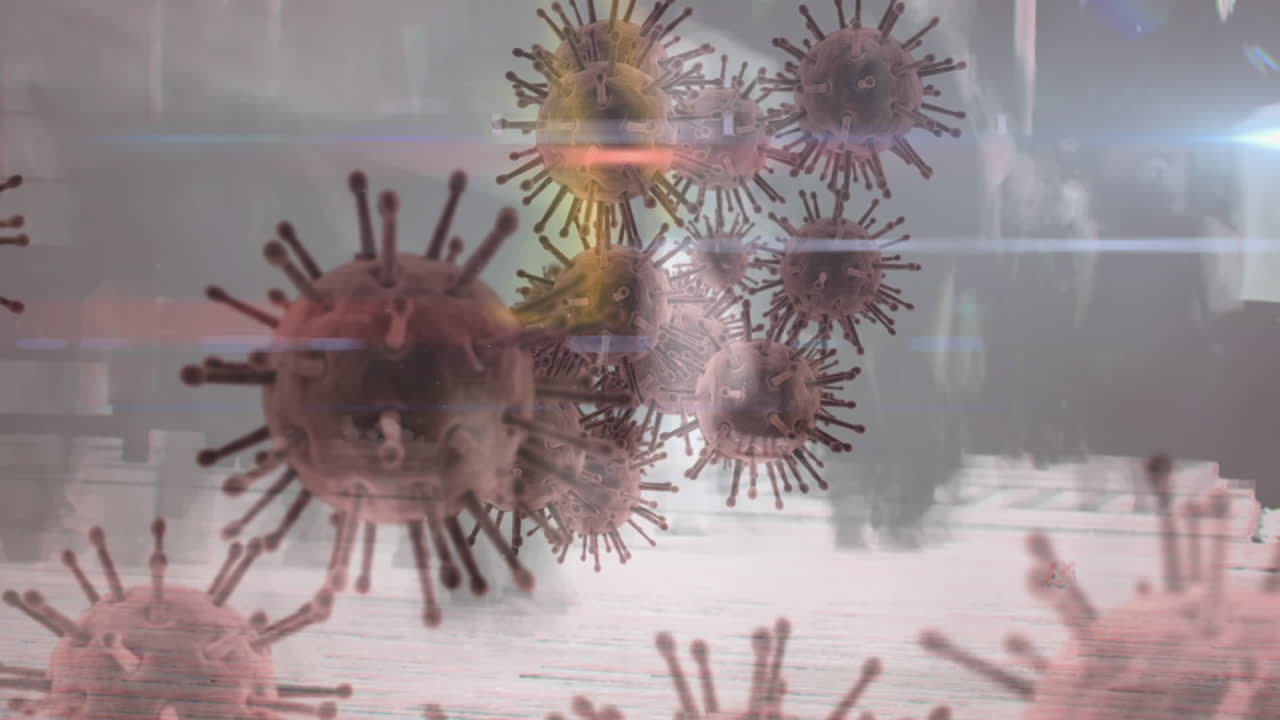 animación de células de covid-19 sobre los peatones que caminan en una calle concurrida