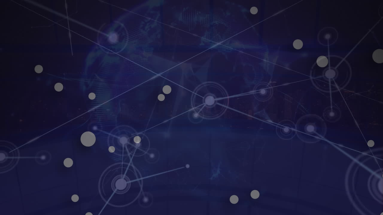 Animation of white spot over network of connections and globe of plexus network on blue background