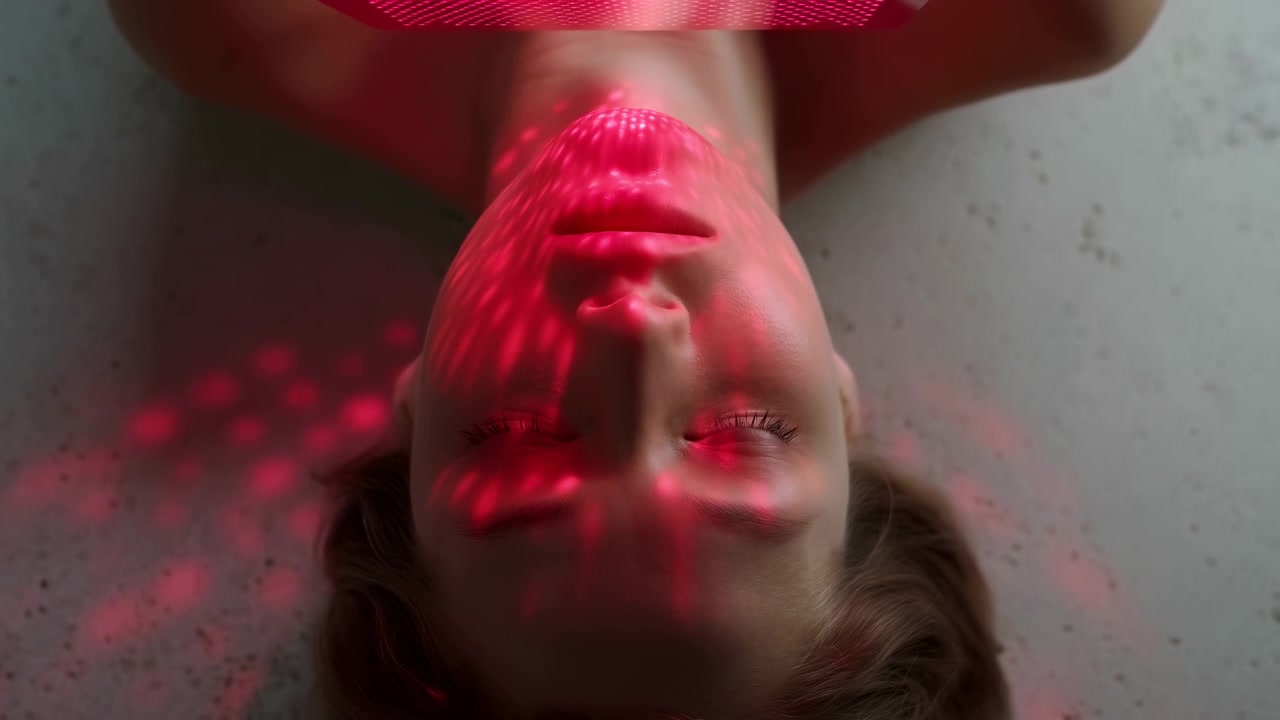 Close-up portrait of a young woman lying on her back with a centered face, lit by a red overhead panel that creates soft shadows and a moody abstract