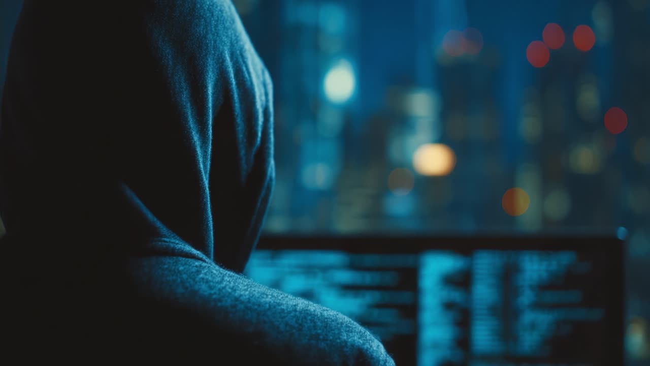 Figura misteriosa impegnata nella programmazione di notte in una stanza buia circondata dalle luci della città moderna, che emana un'aura di intrigo e segretezza nel regno digitale.