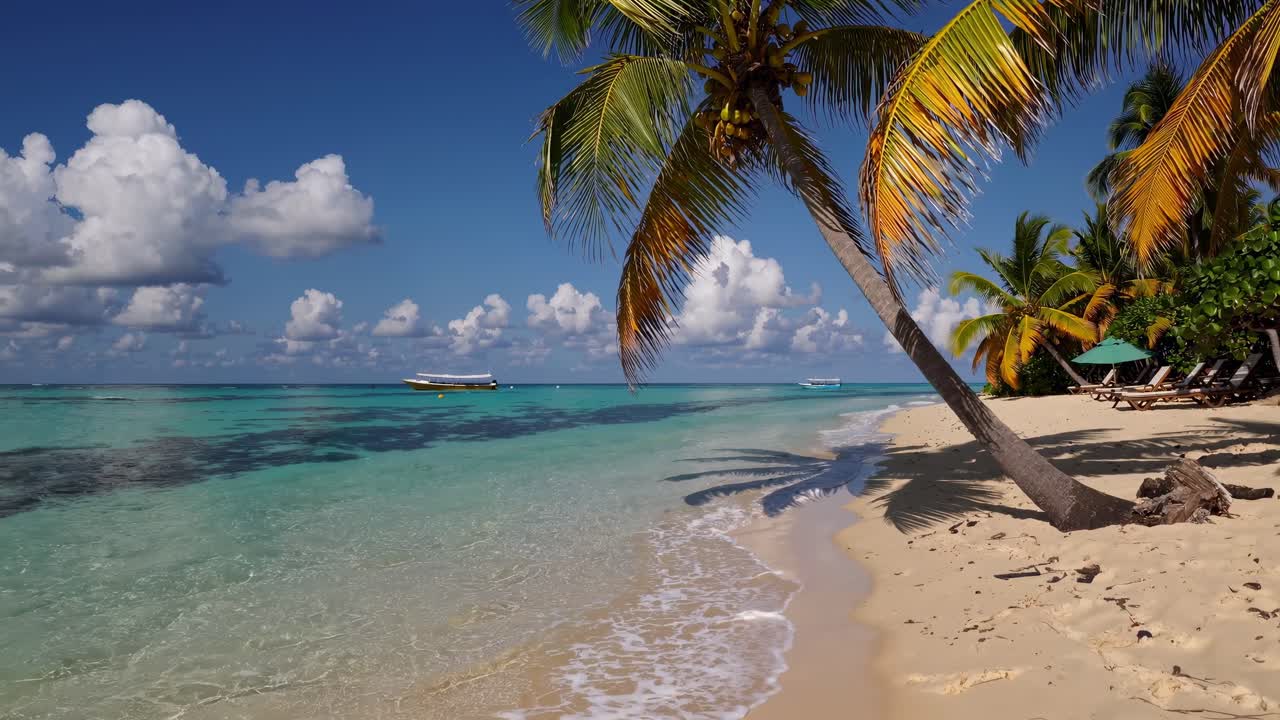 Leaning palm trees framing white sandy coastline, turquoise waters stretching toward distant boat under cloudy sky, creating serene tropical landscape