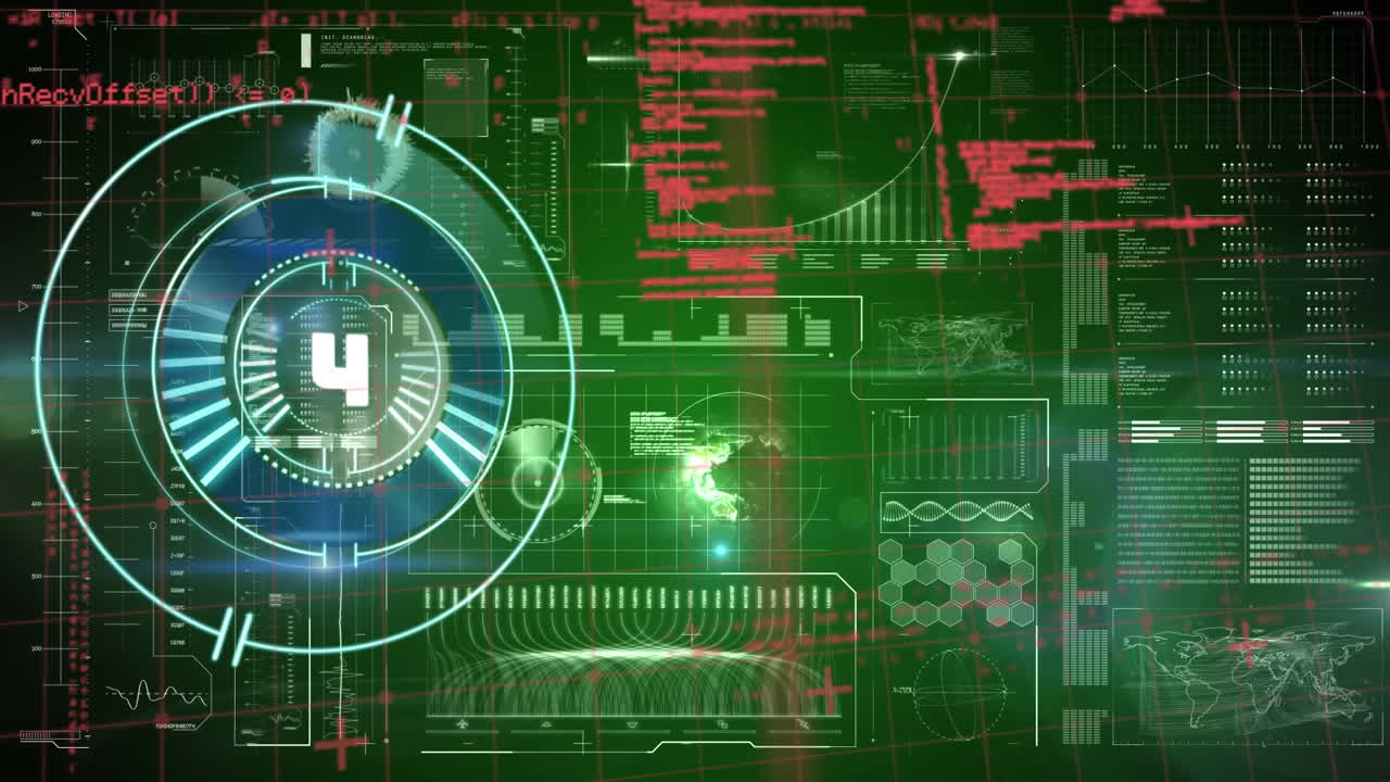 animación de la cuenta atrás sobre el escáner redondo contra la interfaz digital con procesamiento de datos