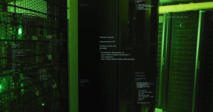 Camera panning right revealing mesh cage, server rack green-lit under flowing C++ code