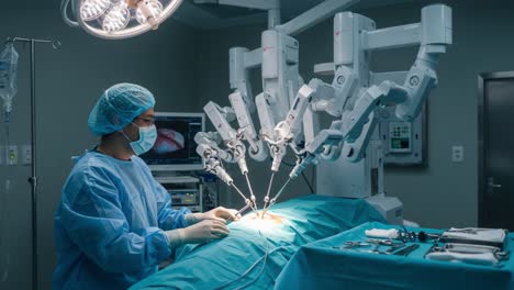 a surgeon operates with advanced robotic assistance in a modern surgical setting, showcasing precision and innovation in medical technology during an operation