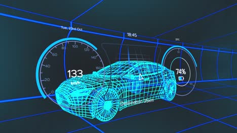 Animation-Von-Tachometern-Und-Zahlen-über-Einem-3D-Modell-Eines-Autos-Vor-Einem-Gittermuster-Auf-Schwarzem-Hintergrund