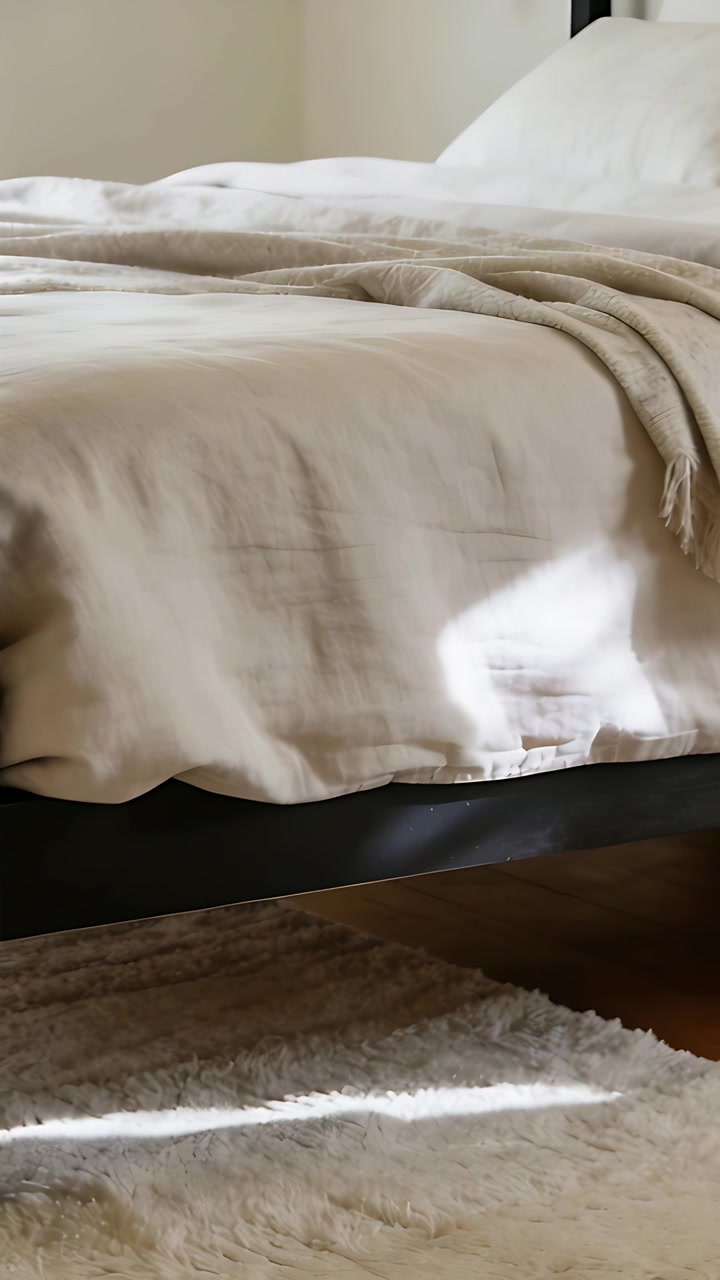 Video verticale: Piumone che si sposta mentre la luce entra nella camera da letto, con una macchia luminosa che appare e si muove.