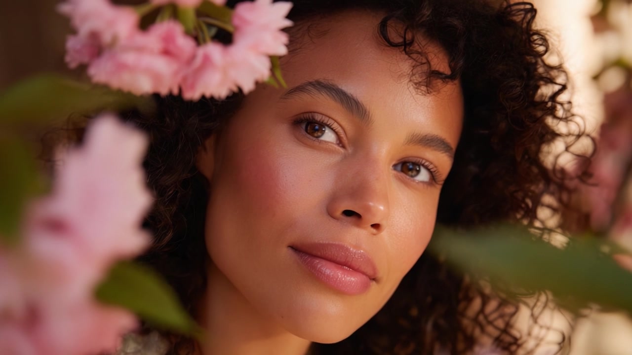A Captivating Portrait of a Woman Surrounded by Pink Blossoms, Radiating Natural Beauty and Confidence with Soft Lighting and a Serene Expression