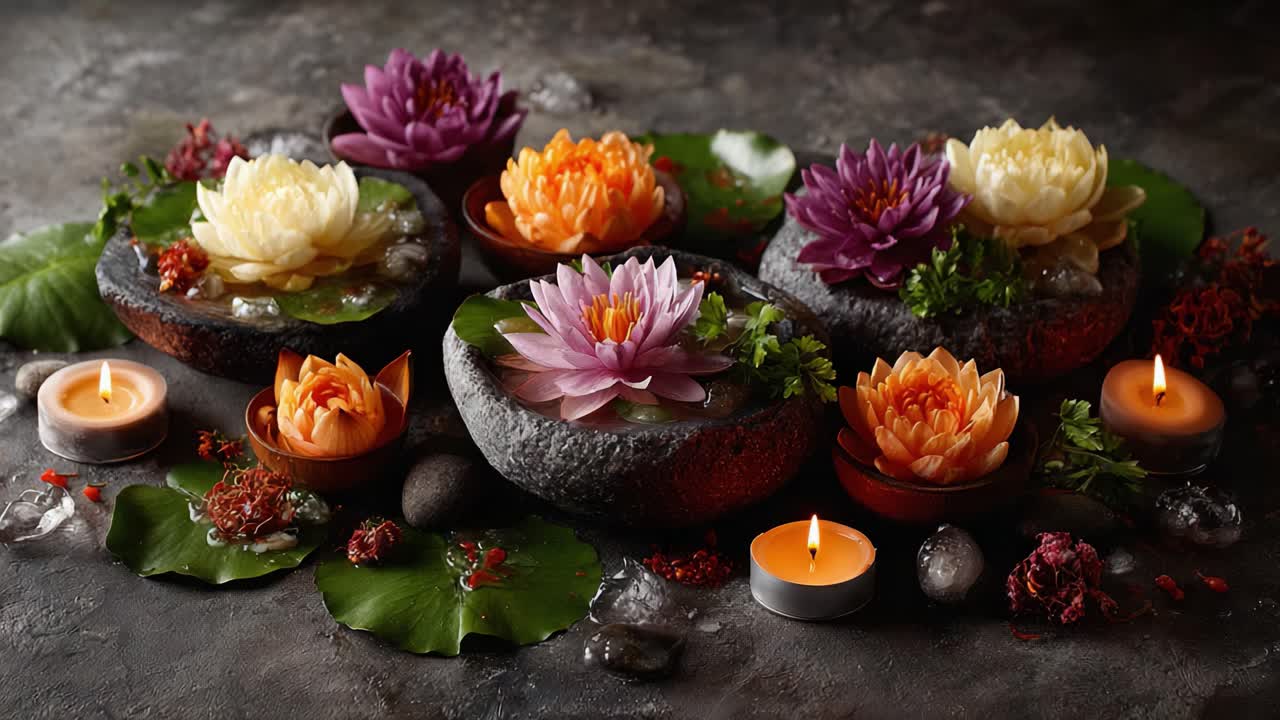Una serena composizione di elementi floreali e candele catturata in due fotogrammi distinti, che celebra la tranquillità e la bellezza naturale per un'atmosfera rilassante.