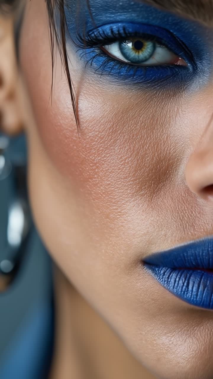 Nærbilledeportræt af en kvinde med intens blå øjenskygge og matchende læbestift for et high fashion-look