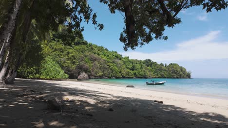 tropical beach with a boat anchored near lush green forest and calm blue water