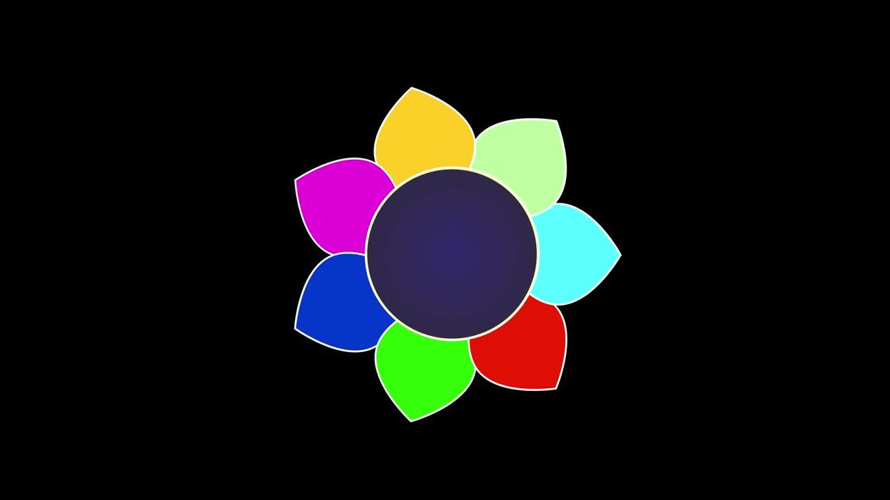 Flower with seven multi-colored petals and changing core rotates in precession on black background, loop