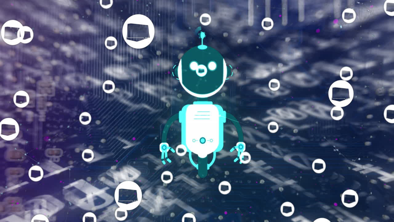 animación de un chat bot y iconos sobre un fondo de codificación binaria