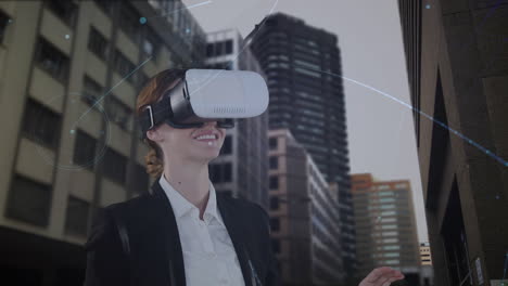 анимация кавказской бизнесменки с использованием vr-гарнитуры и сети соединений по городскому пейзажу