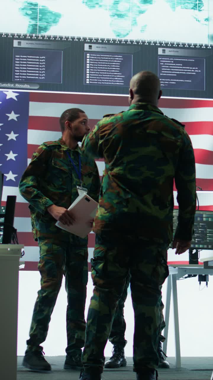Vertical Video US soldiers in a high tech command center protecting classified information