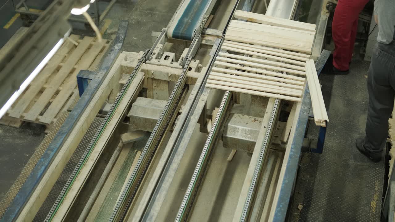 Arbejdere læsser trælameller på et transportbånd på en træbearbejdningsfabrik