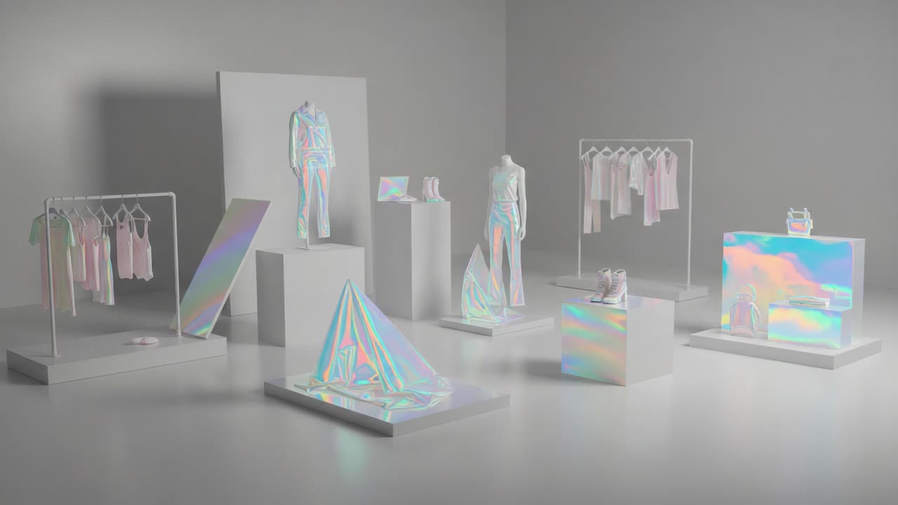 A Stunning Display of Iridescent Fashion Pieces and Contemporary Stylistic Elements in a Minimalistic Gallery Setting, Showcasing the Art of Modern Apparel Presentation