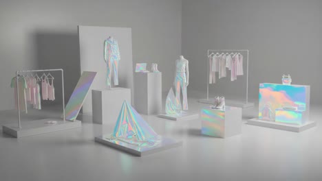 a stunning display of iridescent fashion pieces and contemporary stylistic elements in a minimalistic gallery setting, showcasing the art of modern apparel presentation