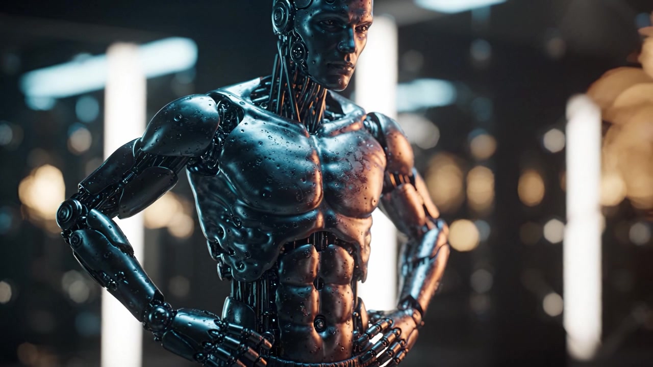 Un robot umanoide metallico futuristico si erge con sicurezza, con caratteristiche intricate e muscolatura definita, incarnando tecnologia e design avanzati in un ambiente industriale.