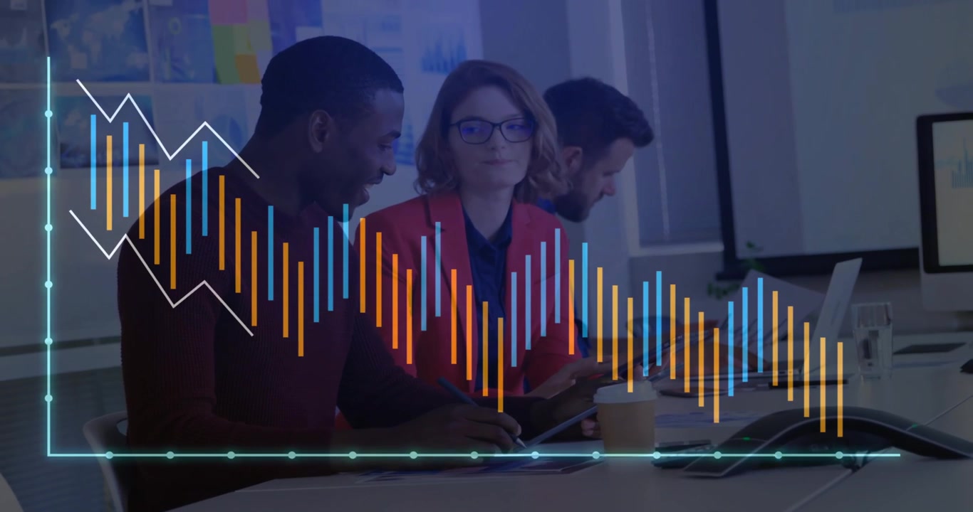 Three colleagues tapping devices displaying colored waveform and line graph analyzing business data
