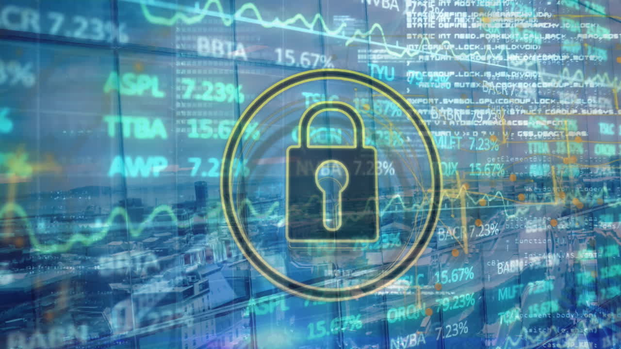 animación del procesamiento de datos financieros sobre el icono del candado