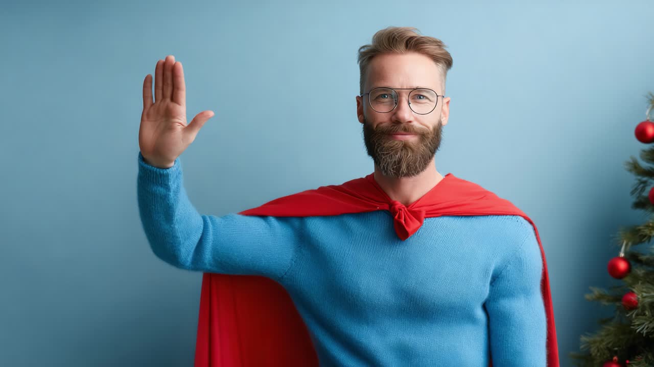 A cheerful man dressed as a superhero greets viewers with a friendly wave, showcasing a festive atmosphere with a Christmas tree in the background