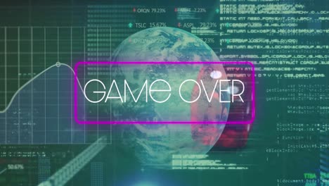 Animation-of-dices,-game-over-and-financial-data-over-globe-in-green-space