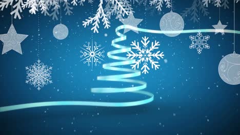 Animation-of-christmas-tree-formed-with-blue-ribbon-and-snow-falling