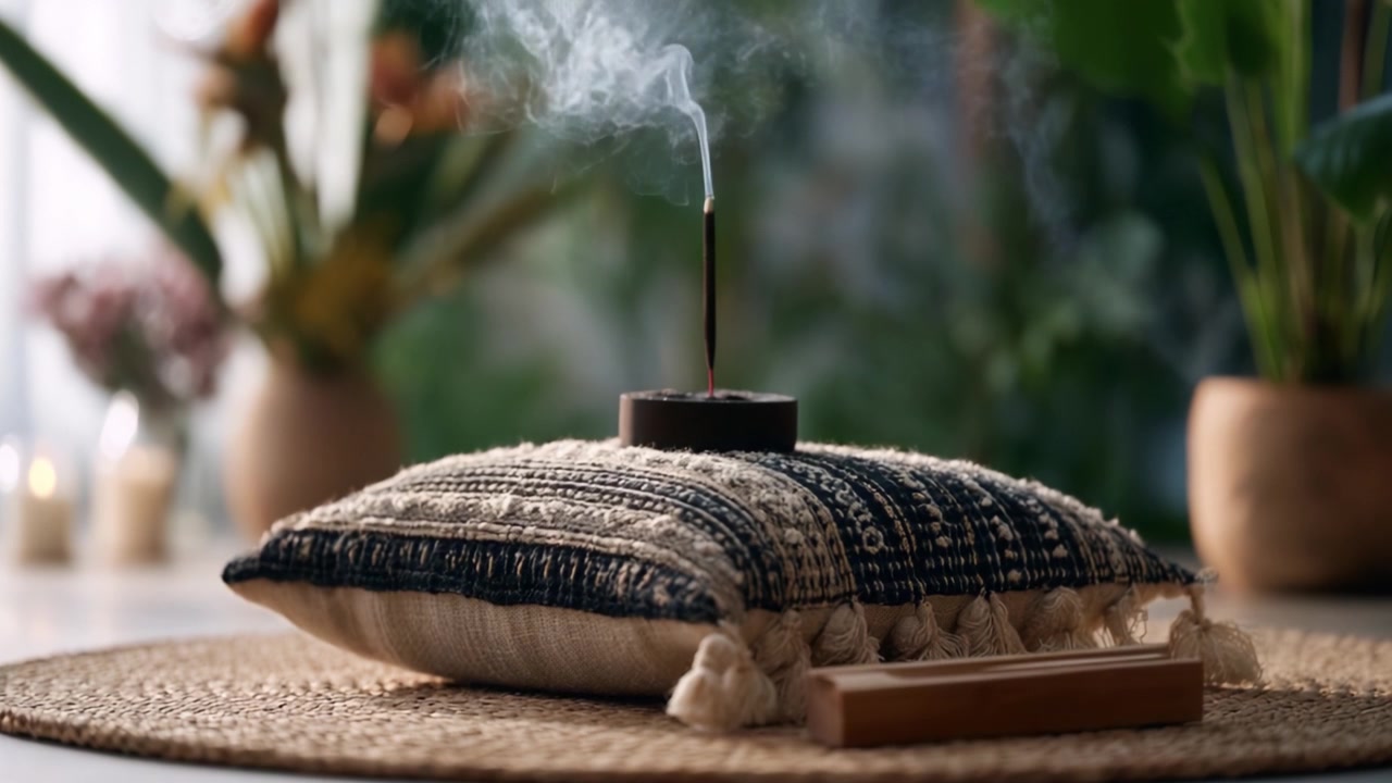 Momenti di tranquillità: una serena esposizione di incenso su un comodo cuscino immerso in una vegetazione lussureggiante, che invoca calma e un'atmosfera pacifica per il relax.