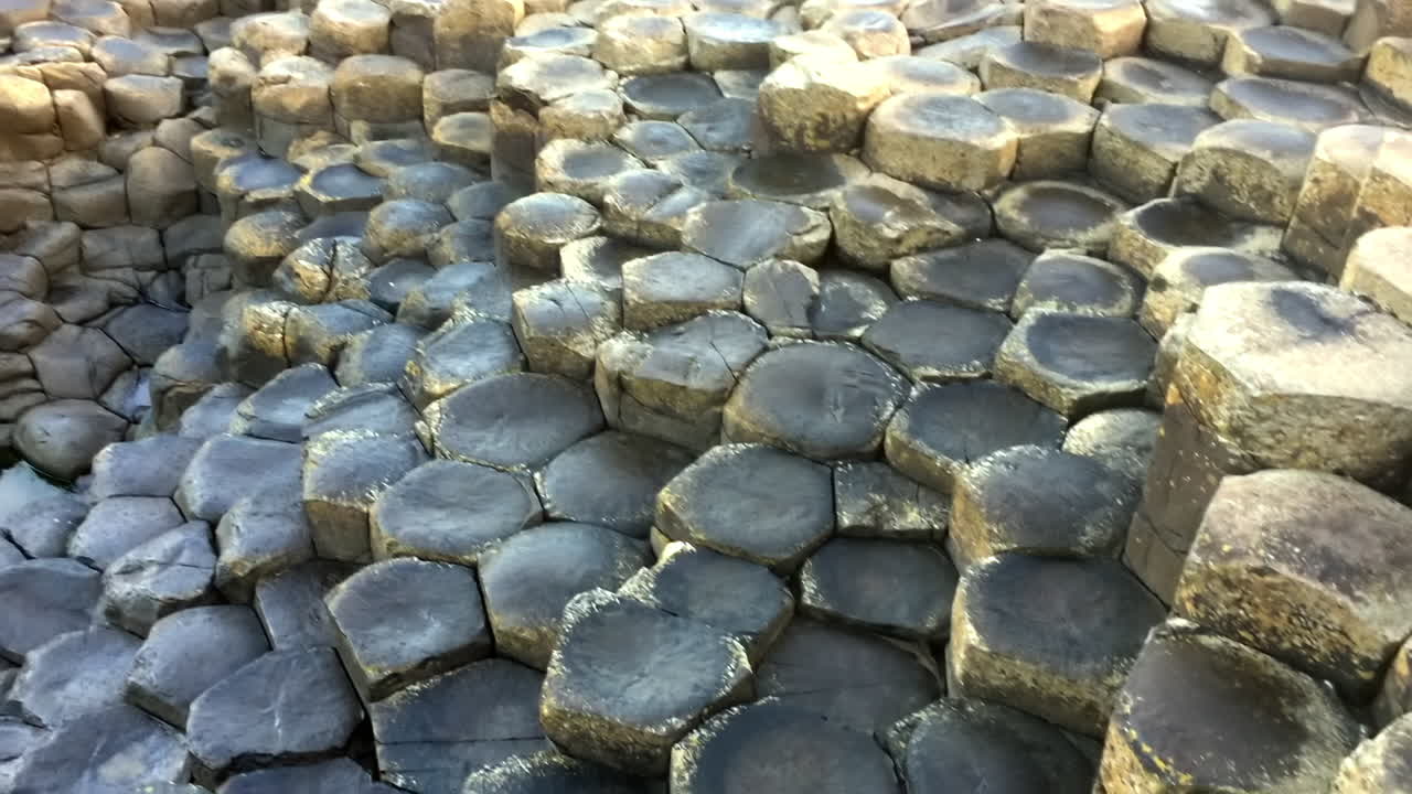 Hexagonal basalt stone formations at Giant's Causeway, seen up close