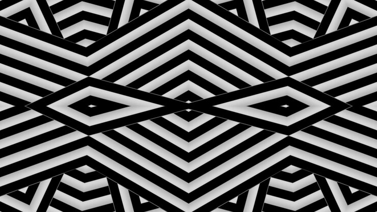 Motivo geometrico astratto in bianco e nero con strisce e rombi in movimento