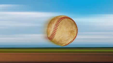 speed of one old leather baseball flying and rotating in the air on nature background