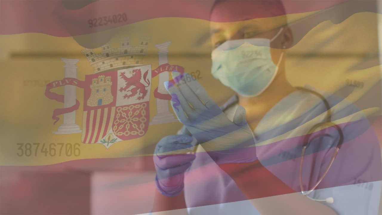 얼굴 마스크를 입은 두 인종의 여성 의사 위에 숫자와 스페인  ⁇ 발의 애니메이션