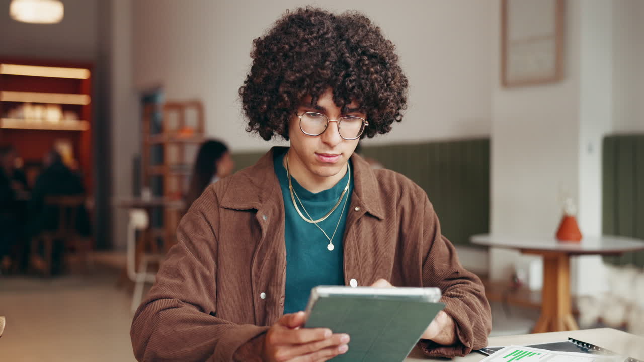 Man working with tablet and charts in cafe