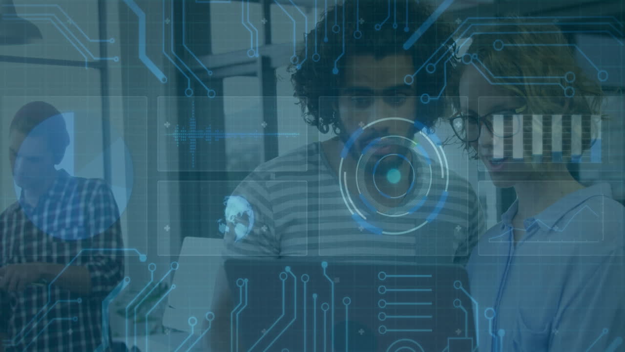 Two people collaborating over laptop with digital circuit and data overlay animation