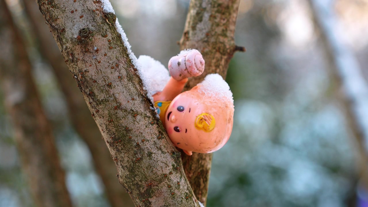 Cabeça de boneca de plástico colocada em galhos de árvores cobertos de neve. Cabeça e mão de bebê de brinquedo rosa presas entre os galhos de uma árvore durante o inverno com neve fresca