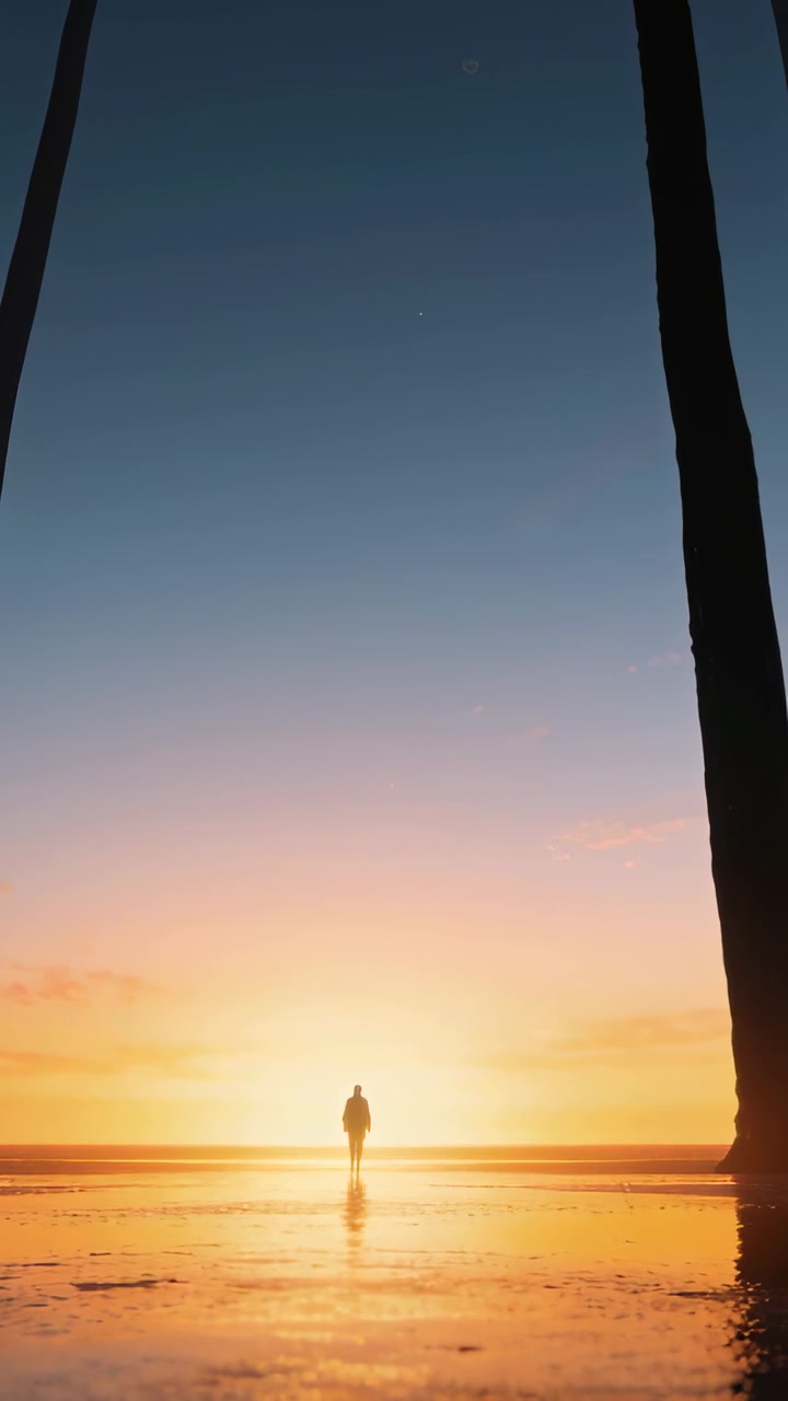 Video verticale: Alba che delinea una figura solitaria in cappotto che cammina verso il mare sulla spiaggia, con palme che incorniciano il riflesso.