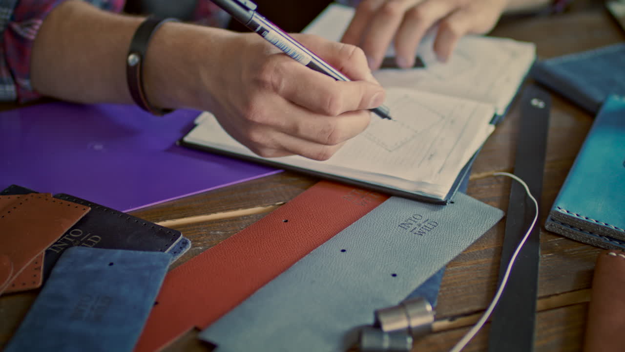 dibujo de un fabricante de cuero en un cuaderno. pequeña fabricación de cuero