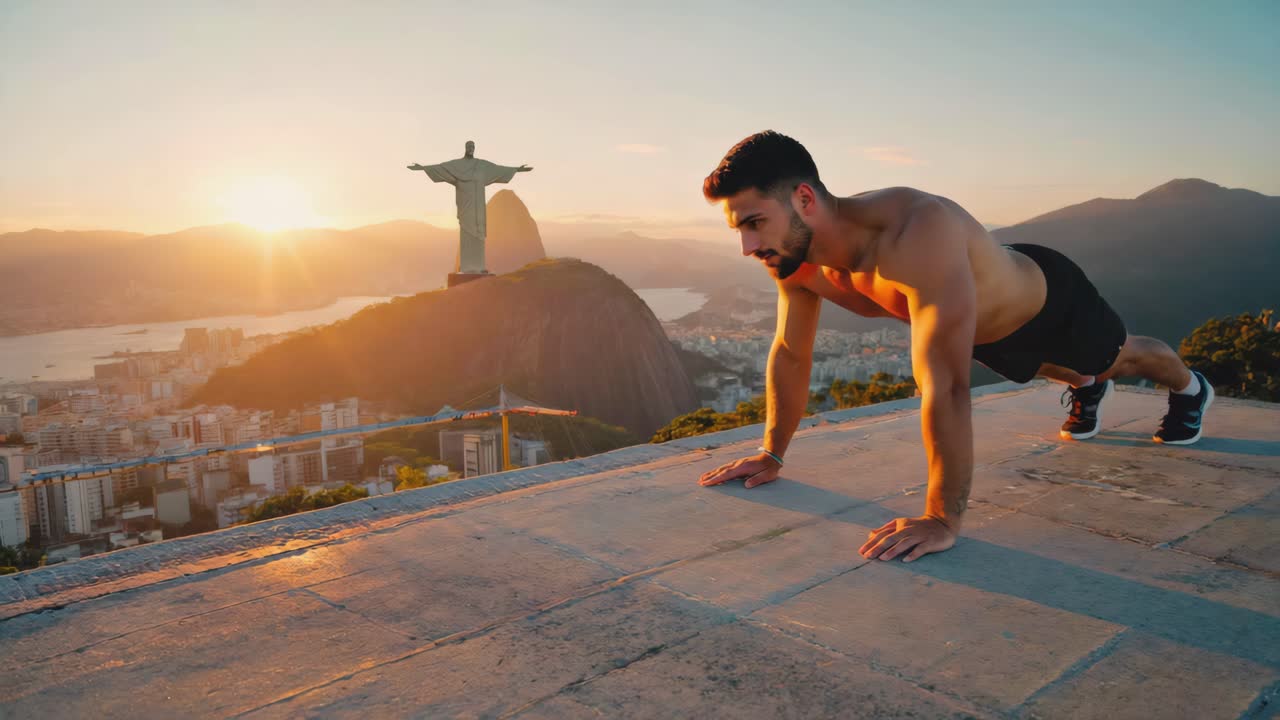 Man doing push-ups in Rio de Janeiro with Christ the Redeemer in the background