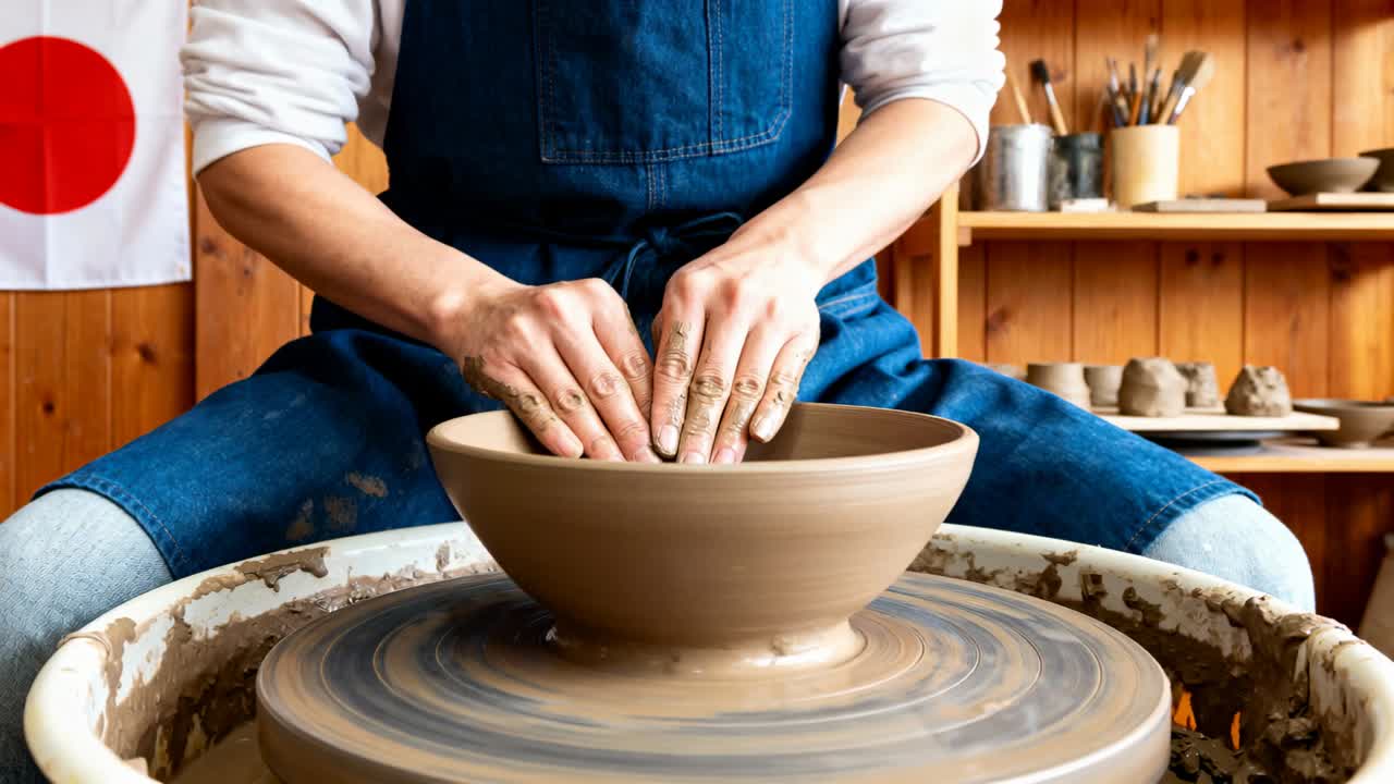 Ruota da vasaio in movimento, vasaio che centra l'argilla e modella una ciotola in studio, con indosso un grembiule di jeans