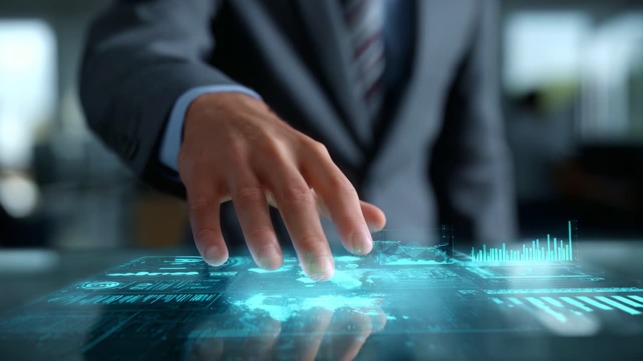 A Business Professional Interacting with a High-Tech Digital Interface Showcasing Data Visualizations and Growth Metrics in a Modern Workspace Environment