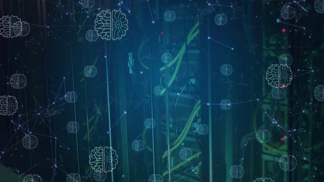 animación de conexiones y íconos de ia a través de servidores de computadoras