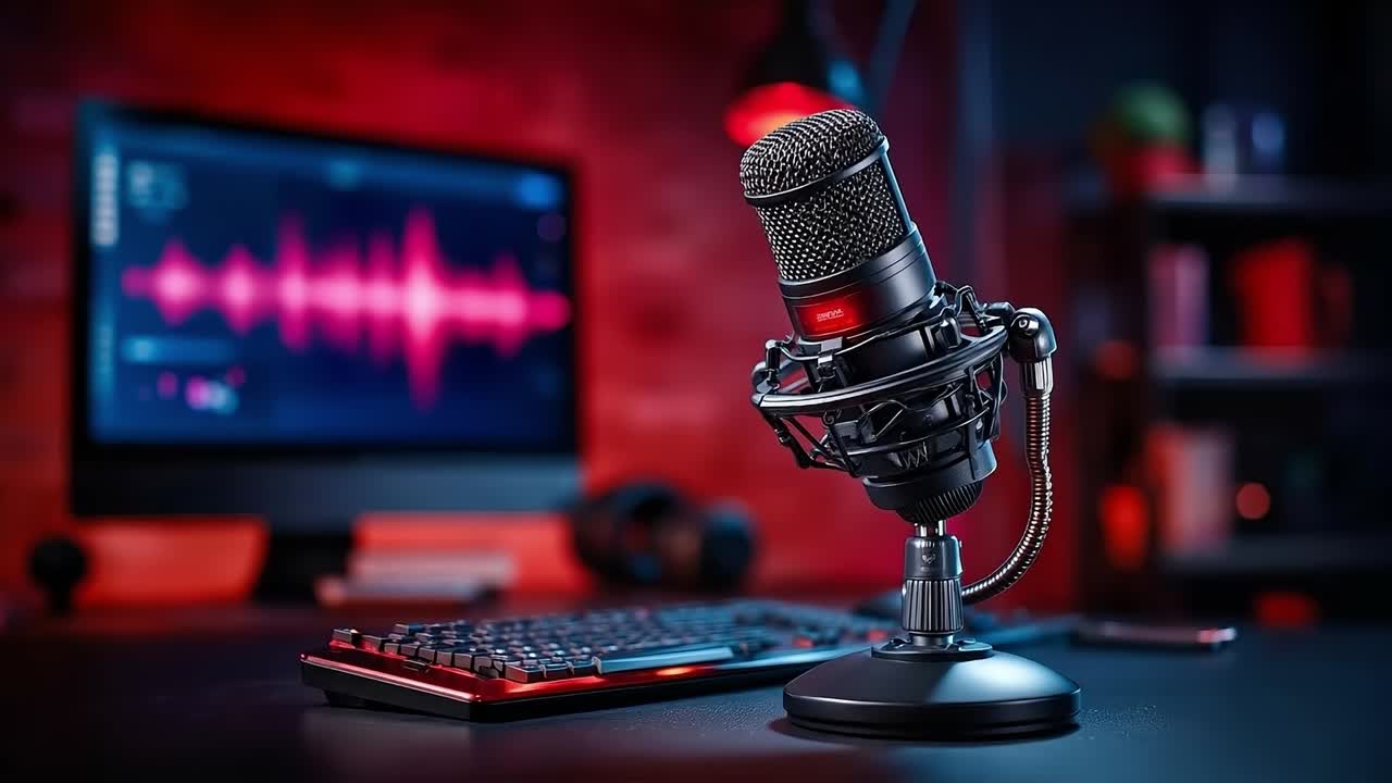 A microphone sitting on top of a desk next to a computer