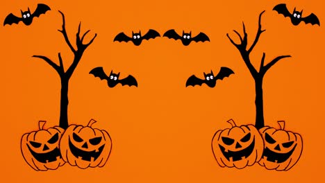 bats fly above creepy tree with pumpkins. stop motion