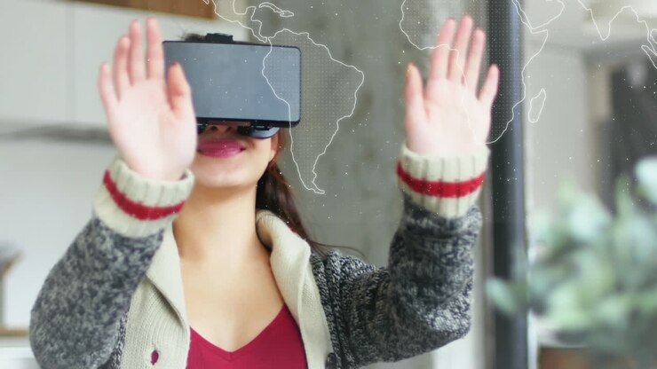 Animazione di una mappa del mondo con elaborazione dati su una donna che usa un visore VR