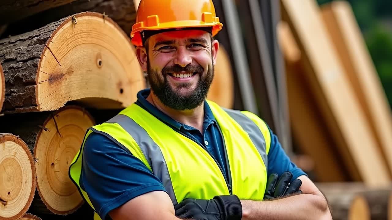 A man wearing a hard hat and safety vest standing in front of a pile of wood